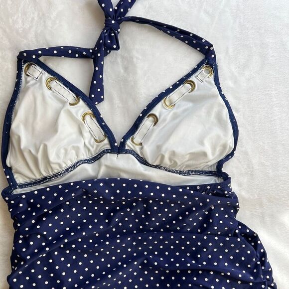 One Piece Halter Top Swimsuit Retro Pinup Style Blue and White Polka Dot Size Me - Picture 7 of 14
